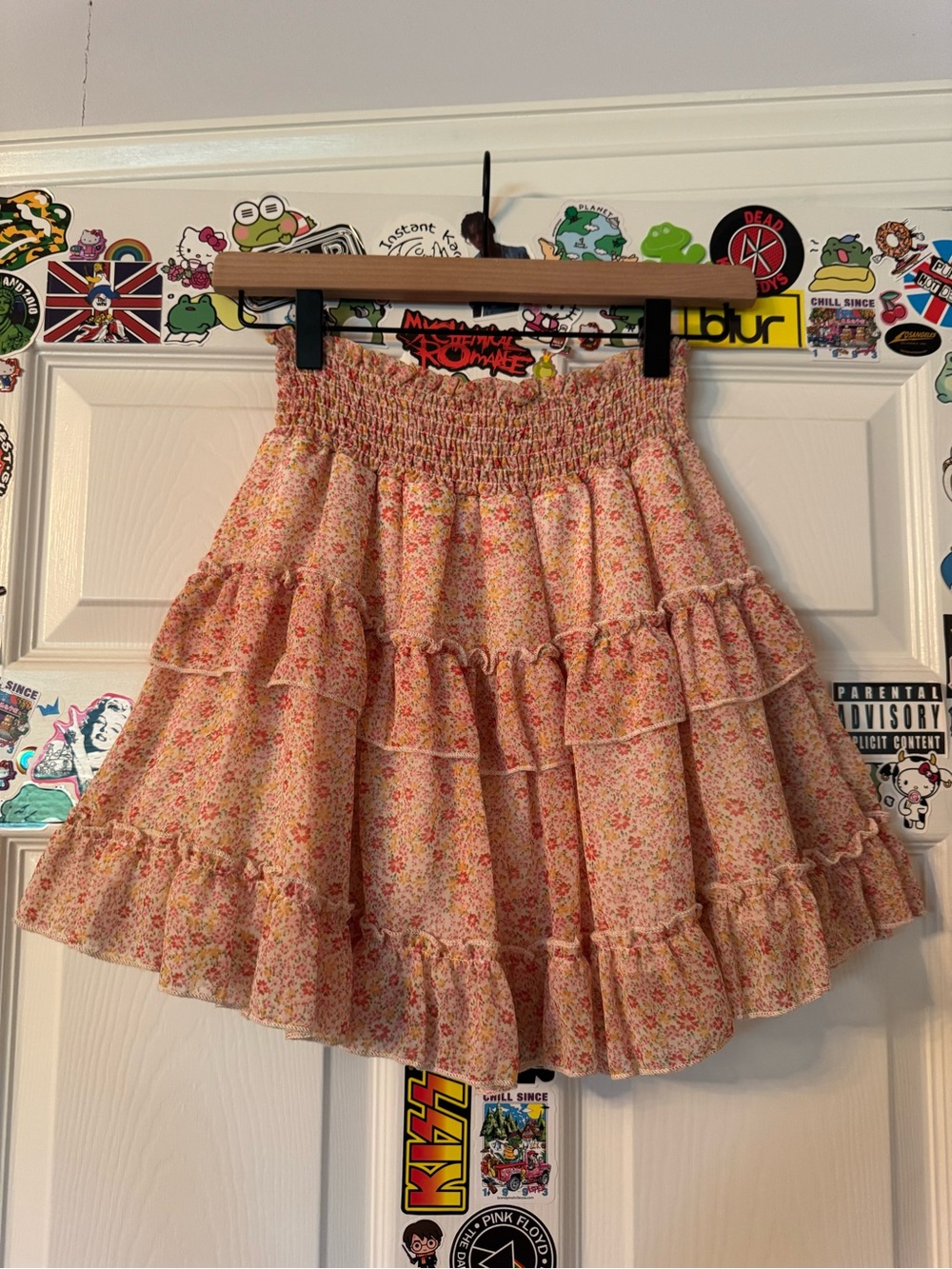 Altar'd State Pink Floral Tiered Smocked Skater Skirt